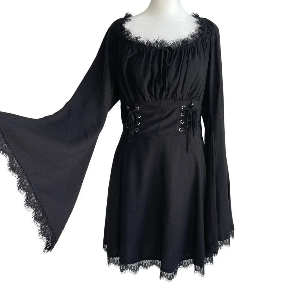 hot topic corset dress Hot Topic Dress Size L Black Corset Tiered Tulle Ruffle Cami Goth Witchy NWT